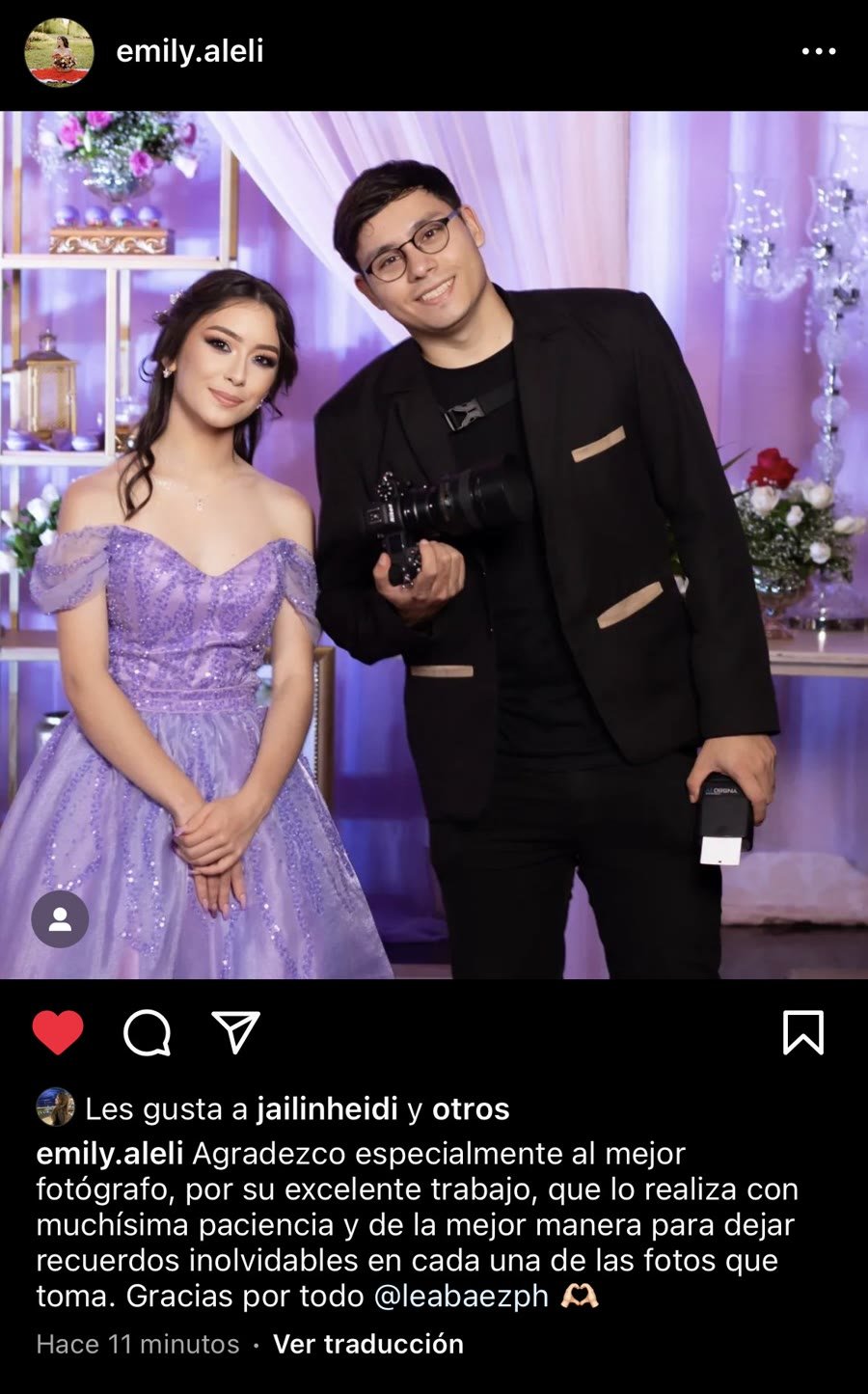 Publicación de Instagram de Emily agradeciendo a Leandro Báez por las fotos de sus XV años, con su texto completo